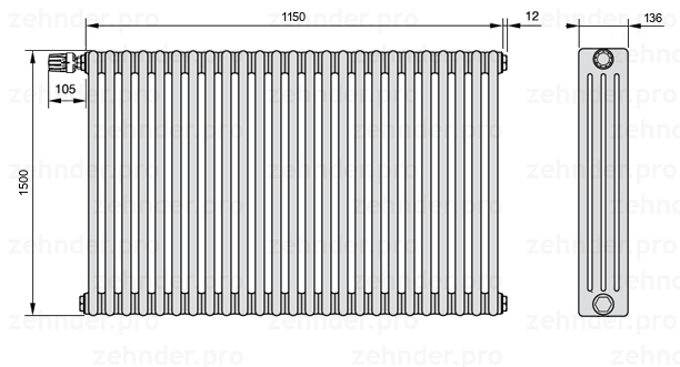 Схема (чертеж) Радиатор Zehnder Charleston 4150/25 №V012 Белый глянцевый RAL 9016